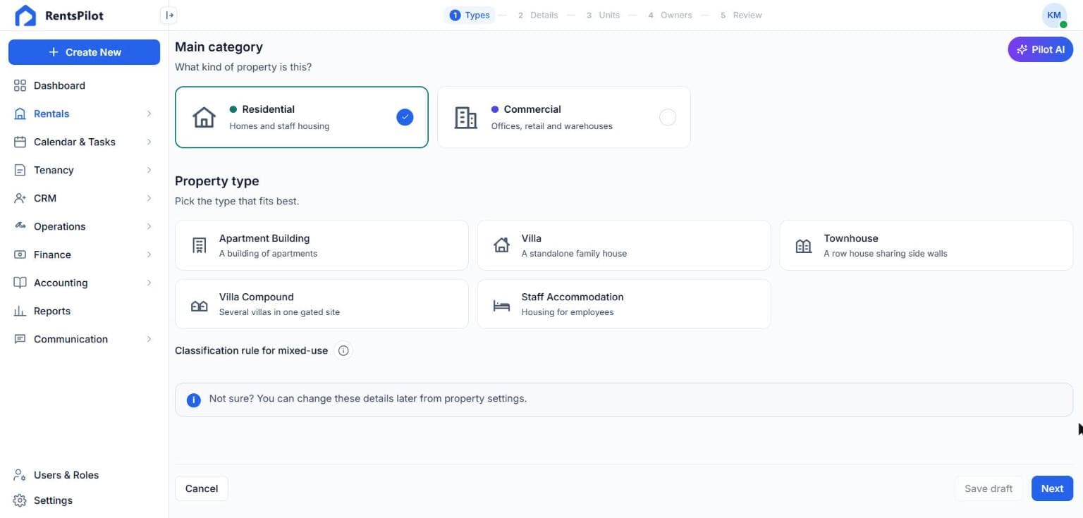 Add property: choose Residential or Commercial and the property type
