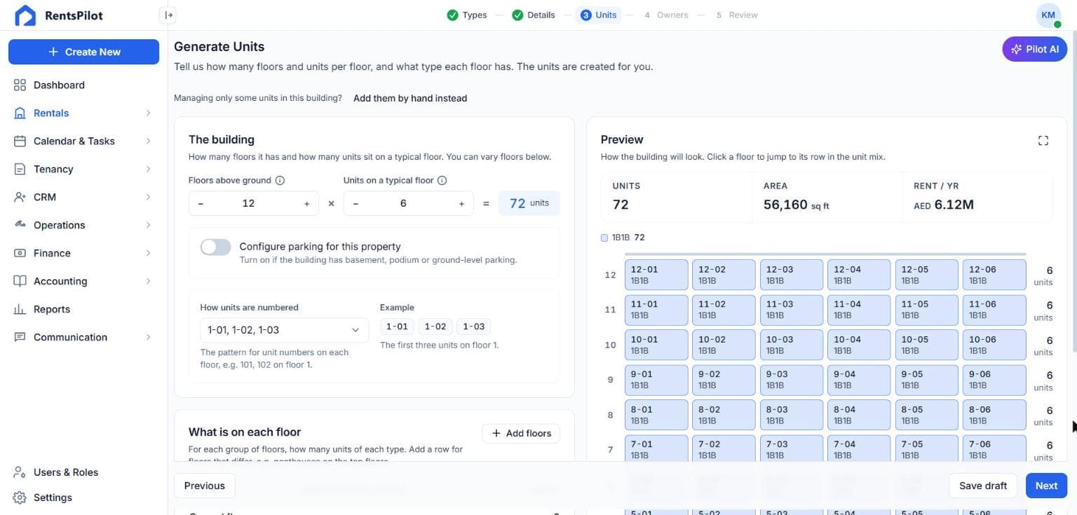 Add property wizard: creating units by floor