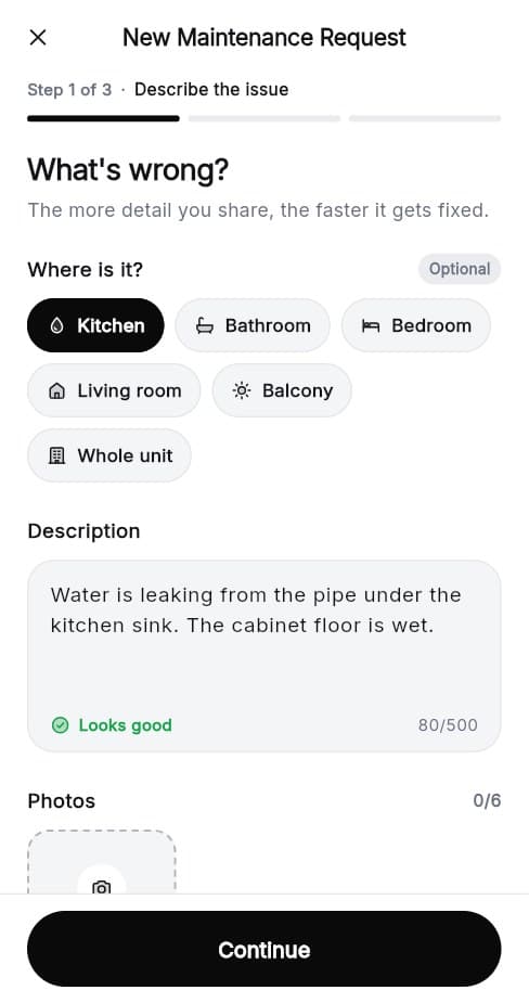 Tenant app: new maintenance request form