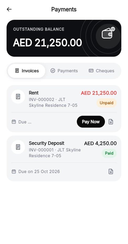 Tenant app payments: outstanding balance and invoices