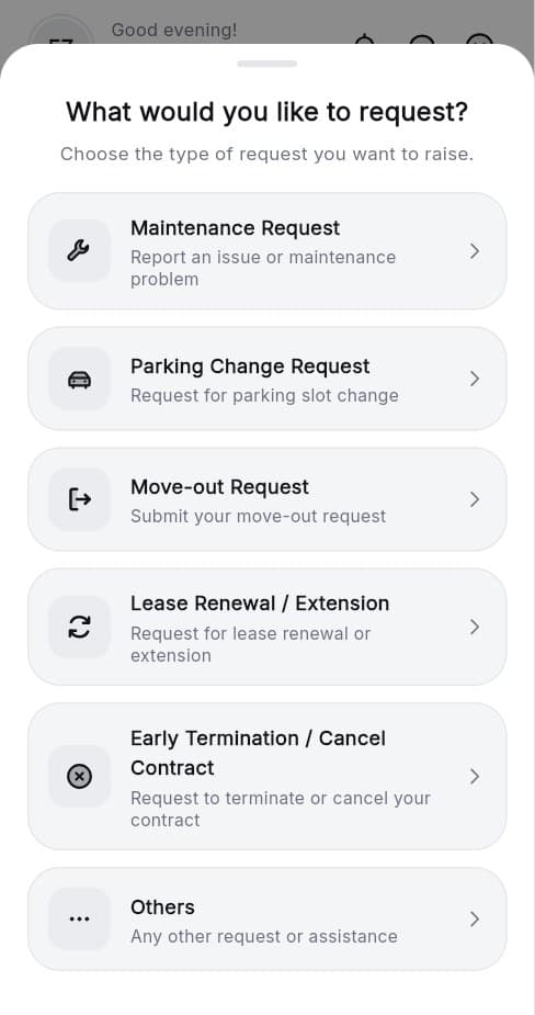 Tenant app: choose the type of request