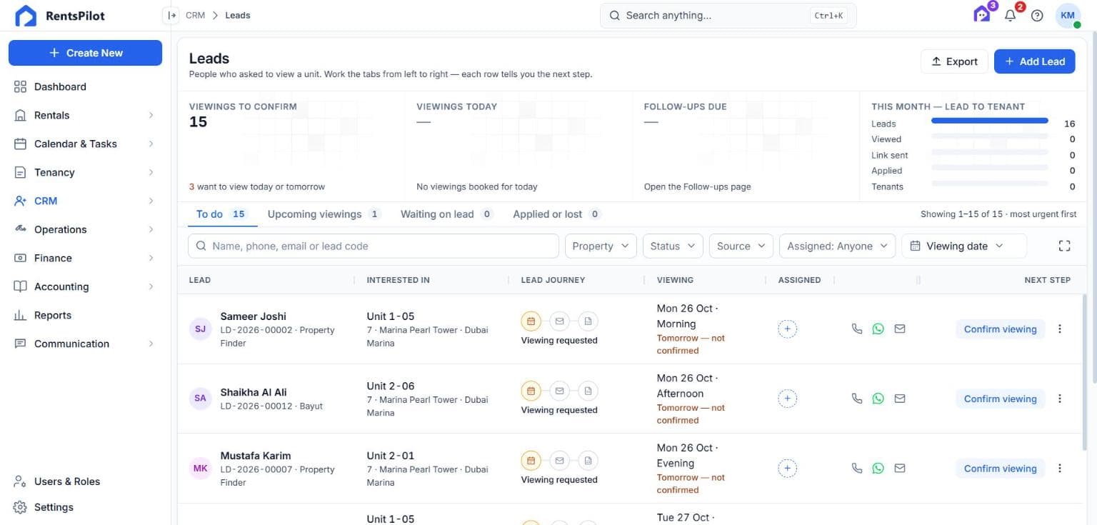 Leads list with source, interest and next follow-up
