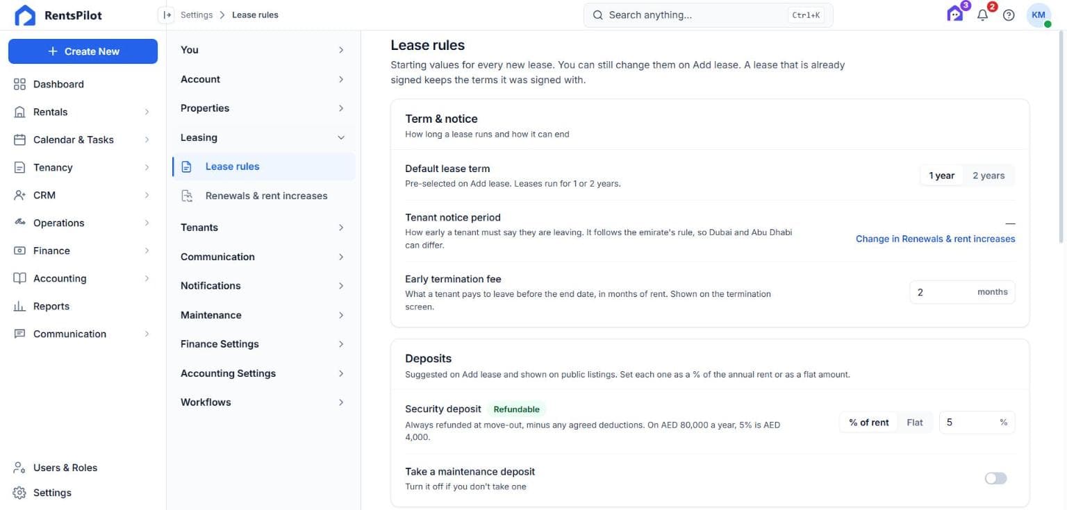 Lease rules settings