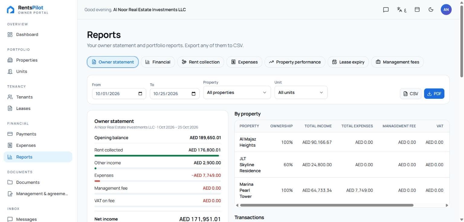 Owner portal reports